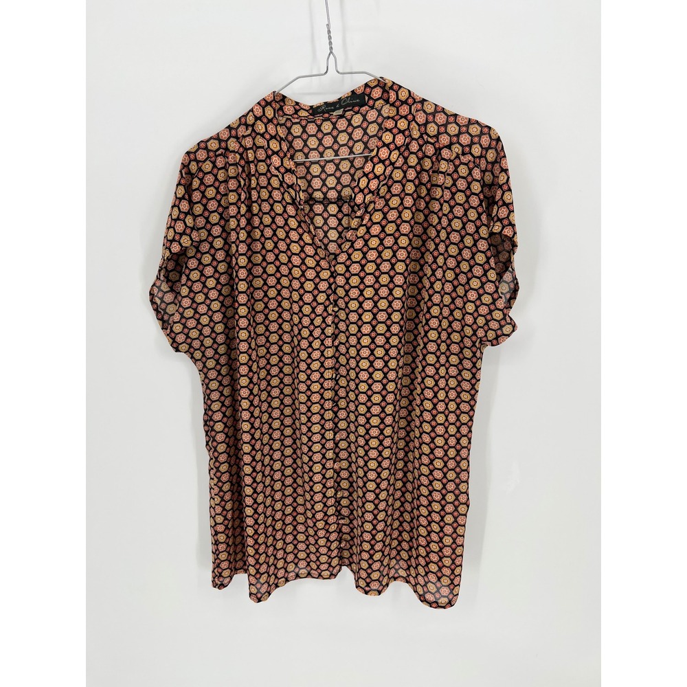 Rose & Olive Womens Blouse Geometric Medallion Print Black 1X